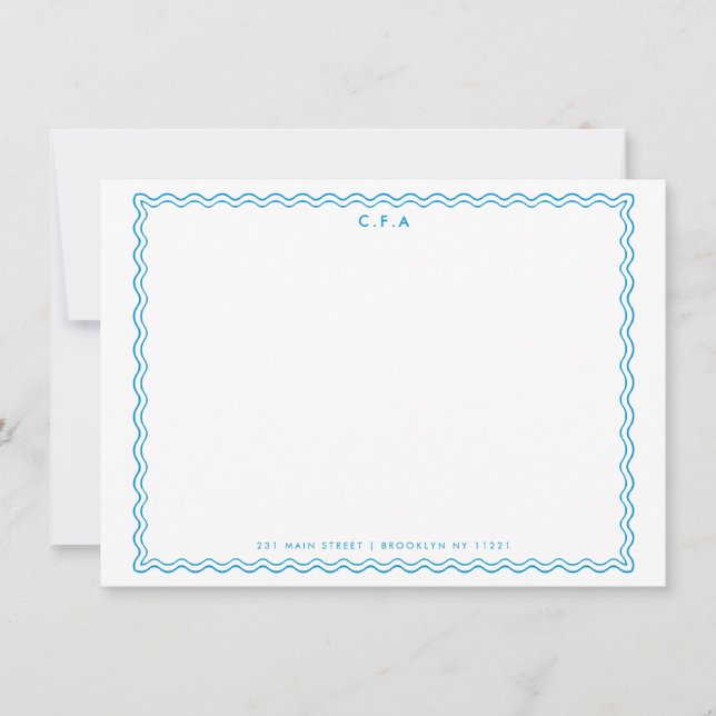 Classic Simple Formal Blue 3 Monogram Wave Border Card (Front)