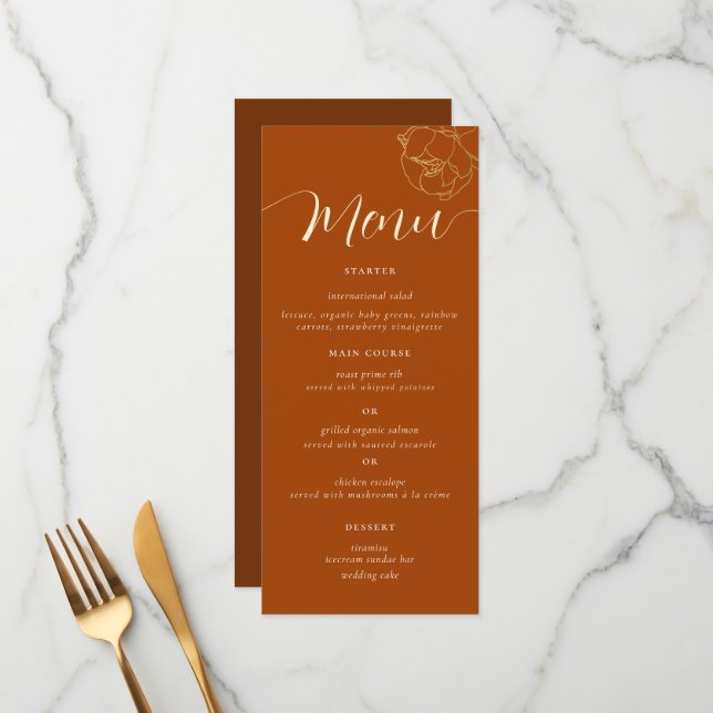 Classic Simple Gold Peony Rust Brown Fall Wedding Menu (Front/Back In Situ)