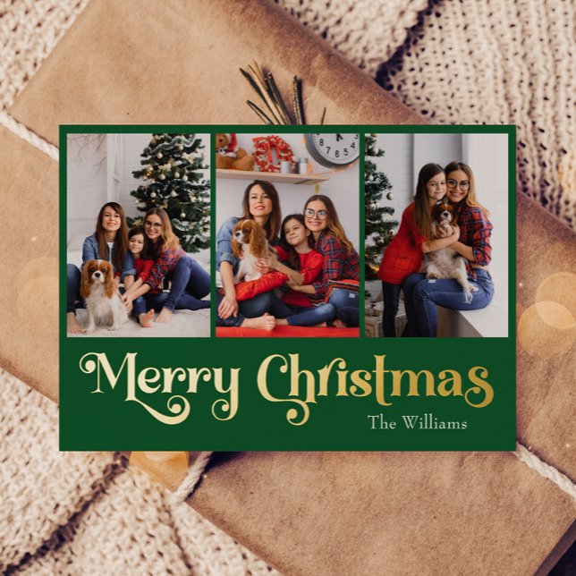 Classic Simple Green 3 photo Merry Christmas Gold Foil Holiday Card (Creator Uploaded)