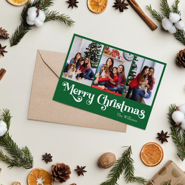 Classic Simple Green Merry Christmas Three Photo Holiday Card (Creator Uploaded)