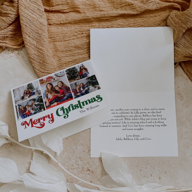 Classic Simple Merry Christmas Folded Five Photo Holiday Card (Creator Uploaded)