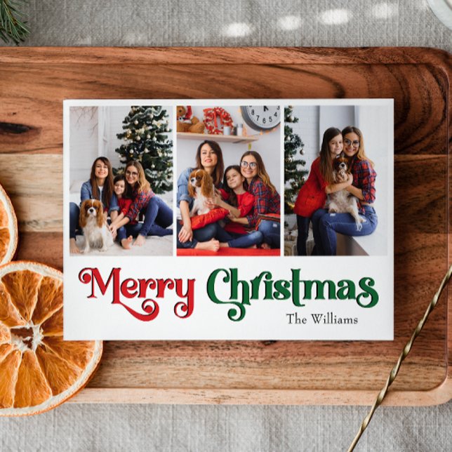 Classic Simple Merry Christmas Three Photo Holiday Card (Creator Uploaded)