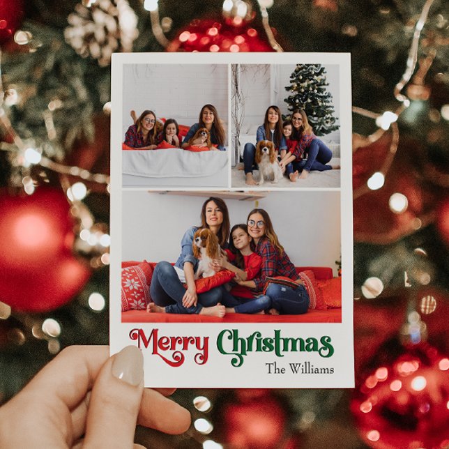 Classic Simple Merry Christmas Vertical 3 Photo Holiday Postcard (Creator Uploaded)