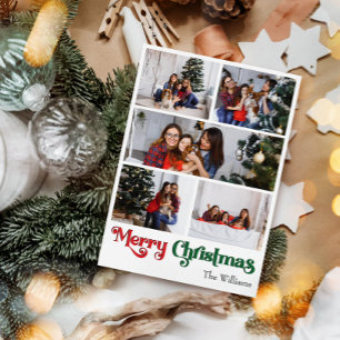 Classic Simple Merry Christmas Vertical Five Photo Holiday Card