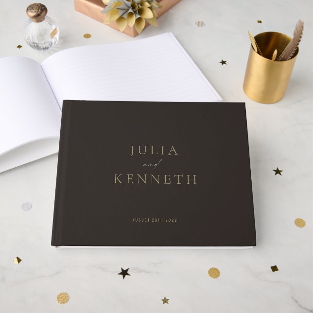 Classic Simple Minimalist Brown and Gold Wedding Guest Book (Front Open)
