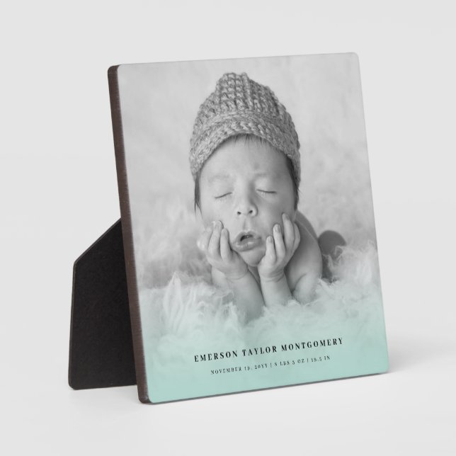 Classic Simple Mint Gradient New Baby Photo Easel Plaque (Front)