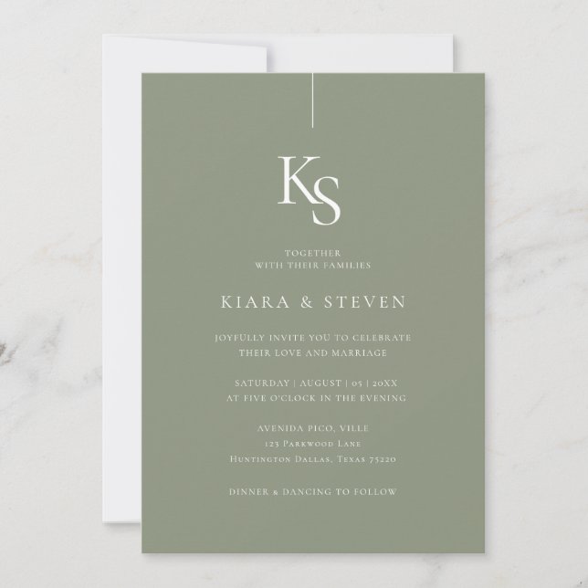 Classic Simple Monogram | Sage Green Wedding Invitation (Front)
