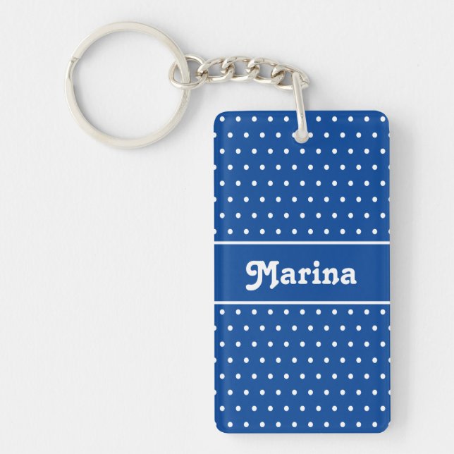 Classic Simple Name Polka Dot Navy Blue and White Key Ring (Front)