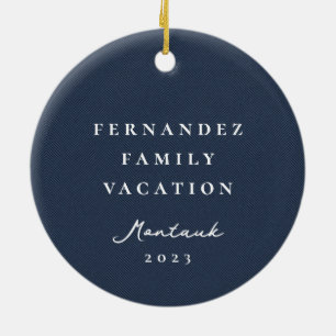 Classic simple navy herringbone personalised photo ceramic ornament