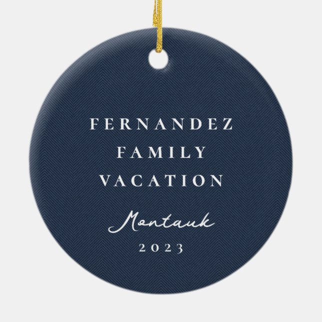 Classic simple navy herringbone personalised photo ceramic ornament (Back)