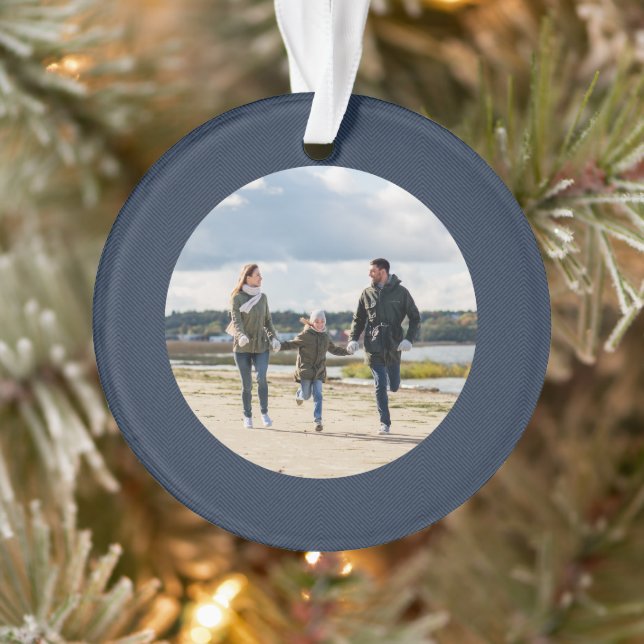Classic simple navy herringbone personalised photo ornament (Tree)