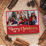 Classic Simple Red 3 photo Merry Christmas Gold Foil Holiday Card<br><div class="desc">Celebrate the season with this unique, classic simple red 3 photo Merry Christmas gold foil holiday card featuring a touch of vintage charm. The minimalist design showcases an elegant red and gold colour palette, evoking the cosy spirit of winter. Its modern appeal, paired with the traditional wording, creates a perfect...</div>