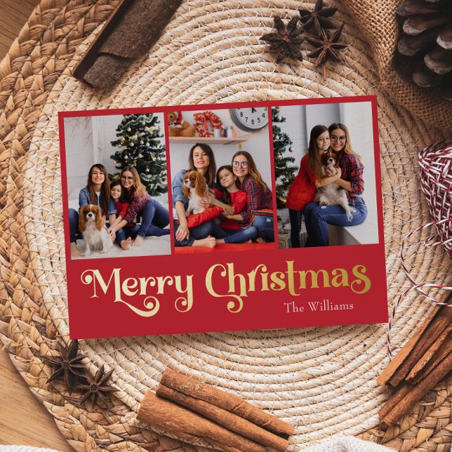 Classic Simple Red 3 photo Merry Christmas Gold Foil Holiday Card (Creator Uploaded)