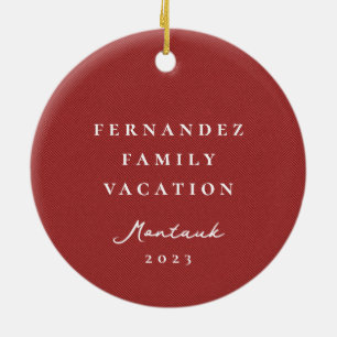 Classic simple red herringbone personalised photo ceramic ornament
