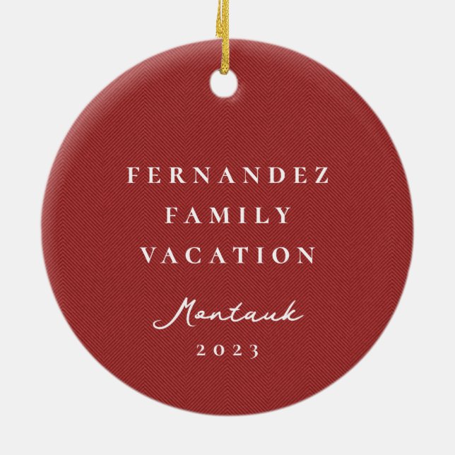 Classic simple red herringbone personalised photo ceramic ornament (Back)