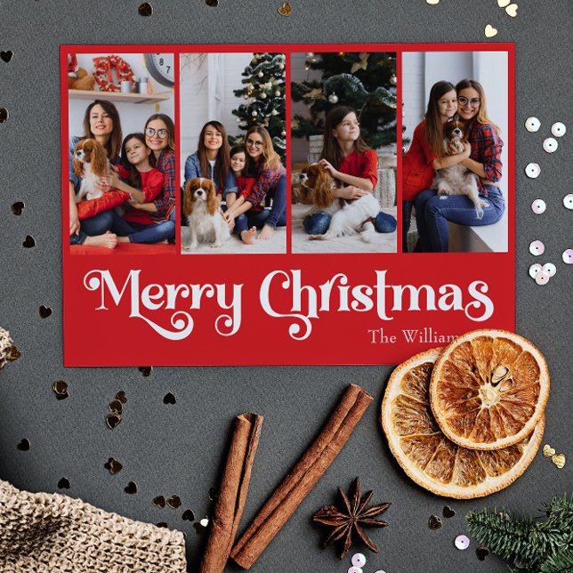 Classic Simple Red Merry Christmas Four Photo Holiday Card (Creator Uploaded)