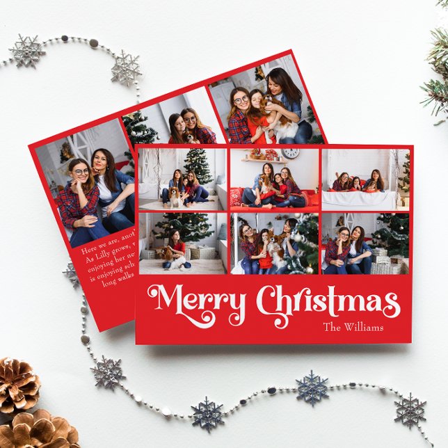 Classic Simple Red Merry Christmas Nine Photo Holiday Card (Creator Uploaded)