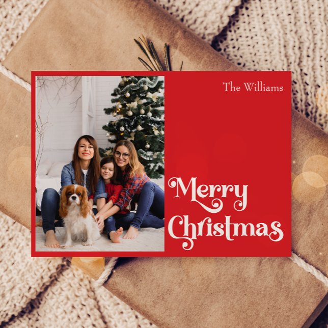 Classic Simple Red Merry Christmas One Photo Holiday Card (Creator Uploaded)