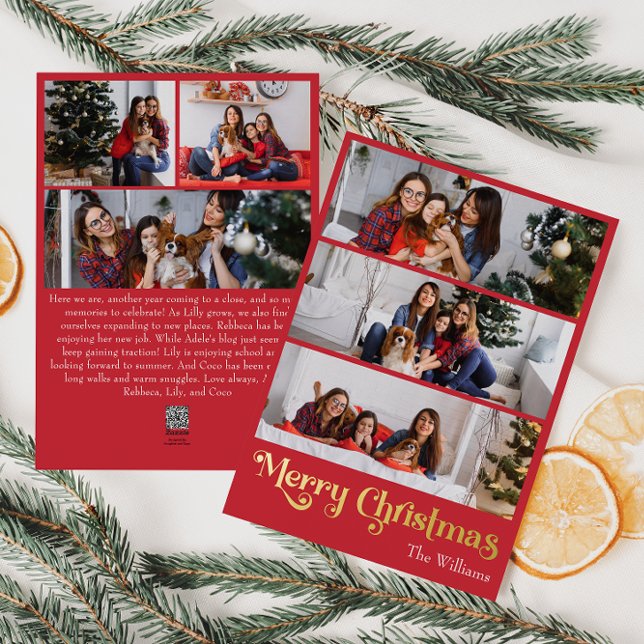 Classic Simple Red Six-Photo Merry Christmas Gold Foil Holiday Card (Creator Uploaded)