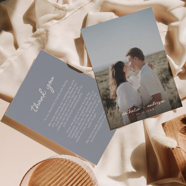 Classic Simple Script Dusty Blue Photo Wedding Thank You Card (Creator Uploaded)