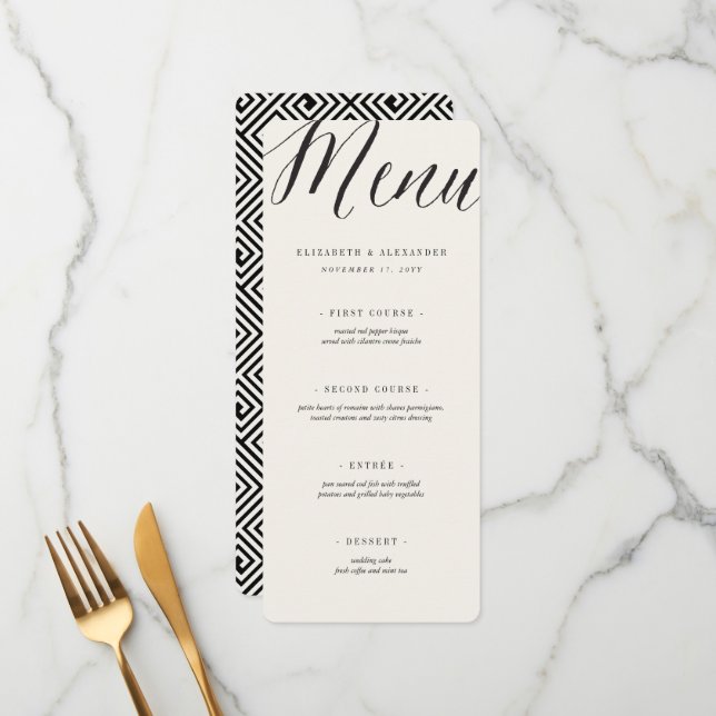 Classic Simple Script Geometric Greek Key Wedding Menu (Front/Back In Situ)