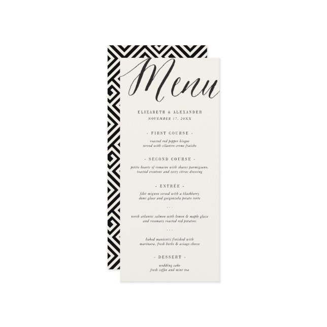 Classic Simple Script Geometric Greek Key Wedding Menu (Front/Back In Situ)