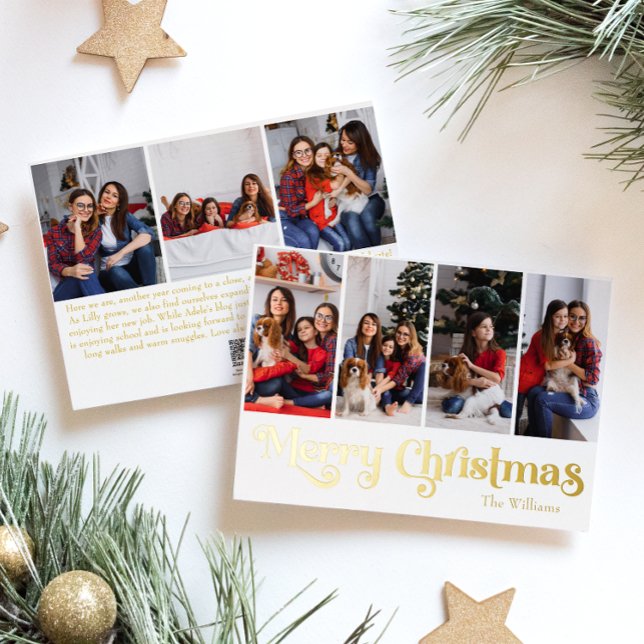 Classic Simple Seven Photo Merry Christmas Gold Foil Holiday Card (Creator Uploaded)