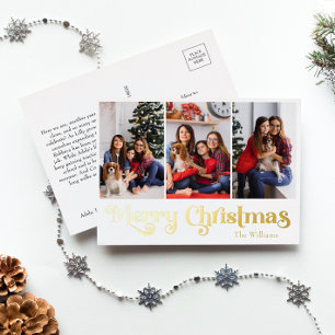 Classic Simple Three Photo Merry Christmas Gold Foil Holiday Postcard