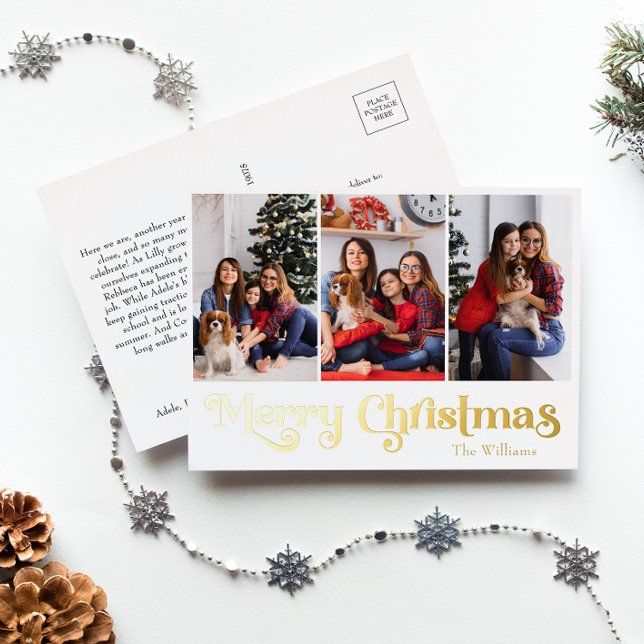 Classic Simple Three Photo Merry Christmas Gold Foil Holiday Postcard (Creator Uploaded)