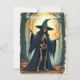 Classic Skeleton Witch Halloween Greeting Vintage  Postcard