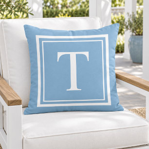 Classic Sky Blue White Square Frame Monogram Cushion
