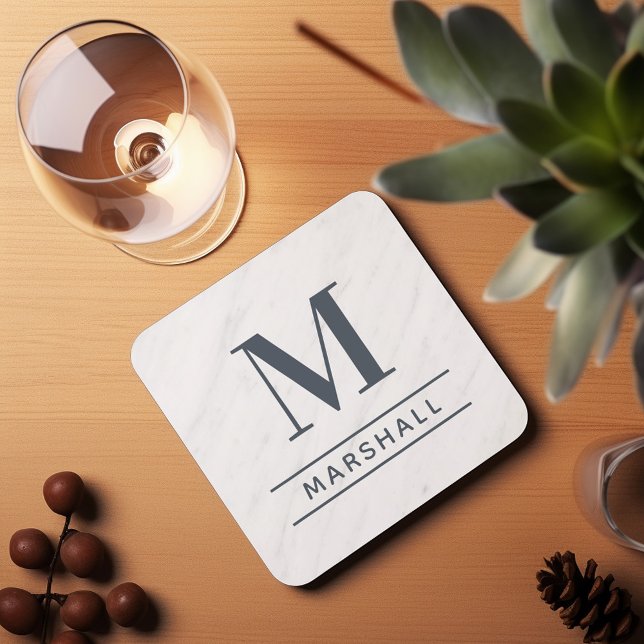 Classic Slate Grey Serif Monogram Name Coaster (Creator Uploaded)