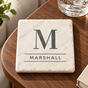 Classic Slate Grey Serif Monogram Name Stone Coaster