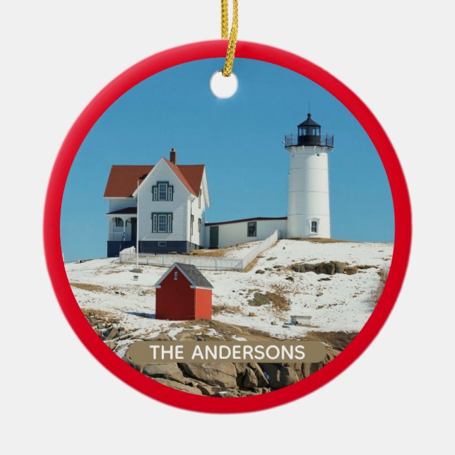 Classic Snow Covered Nubble Lighthouse Ceramic Ornament (Front)