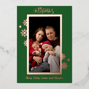 Classic Snowflake Green Rose Foil Photo Christmas Holiday Card