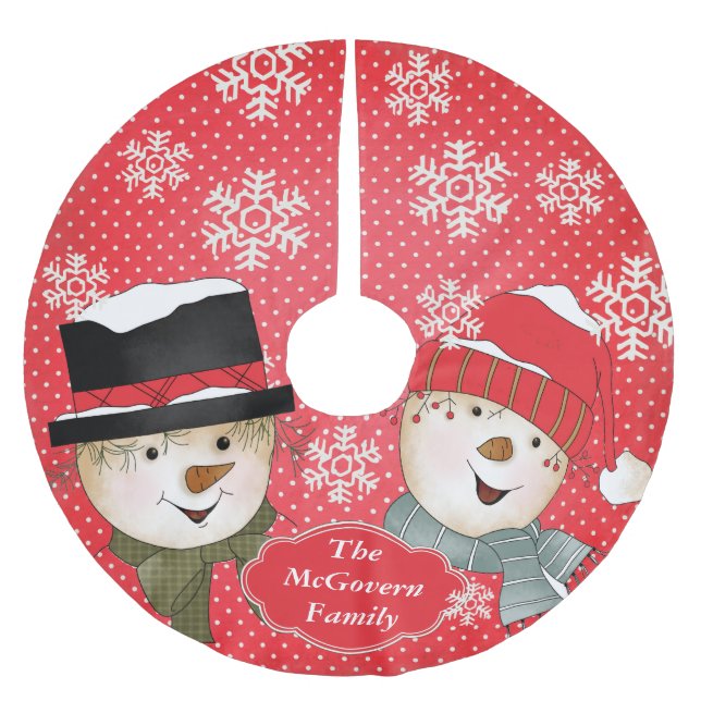 Classic Snowmen on Dotted Red Holiday Tree Skirt (Front)
