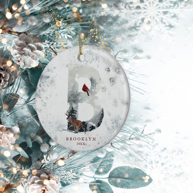 Classic Snowy Christmas Winter Scene Monogram B Ceramic Ornament (Creator Uploaded)
