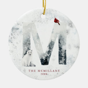 Classic Snowy Christmas Winter Scene Monogram M Ceramic Ornament