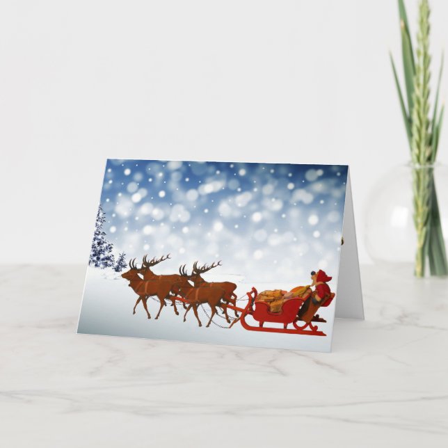 Classic Snowy Santa Reindeer Sleigh Christmas Holiday Card (Front)