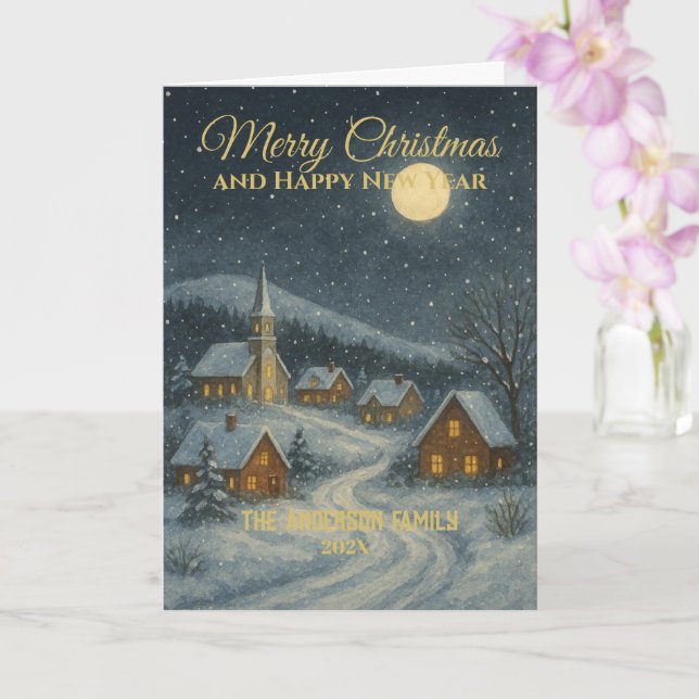 Classic Snowy Village Family Name Christmas  Card (Orchid)