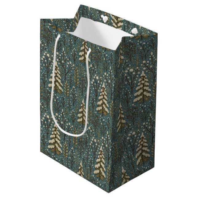 Classic Snowy Winter Forest Trees Art Pattern Medium Gift Bag (Front Angled)