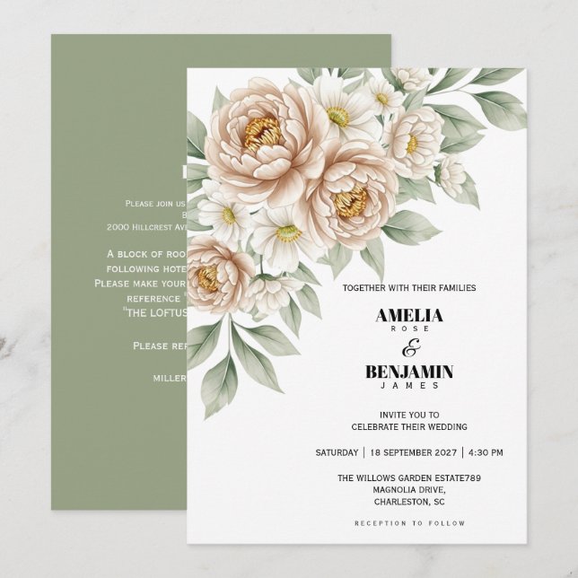 Classic Soft Beige Flowers Greenery Wedding Invitation (Front/Back)