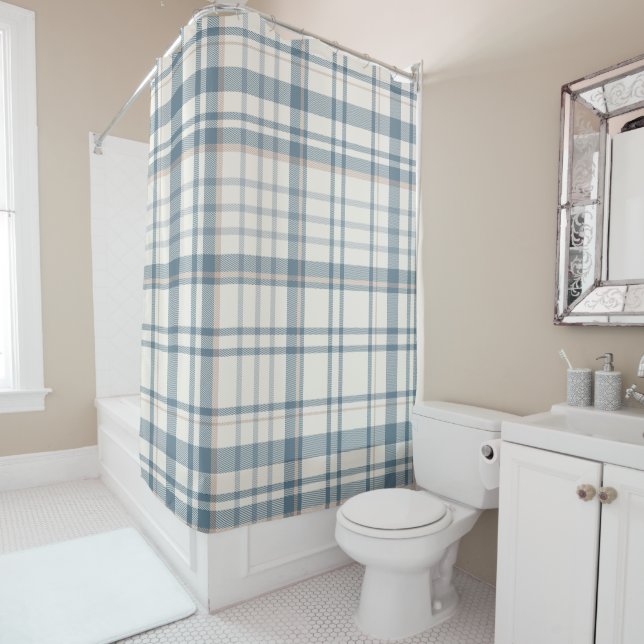 Classic Soft Blue & Beige Plaid Shower Curtain (In Situ)