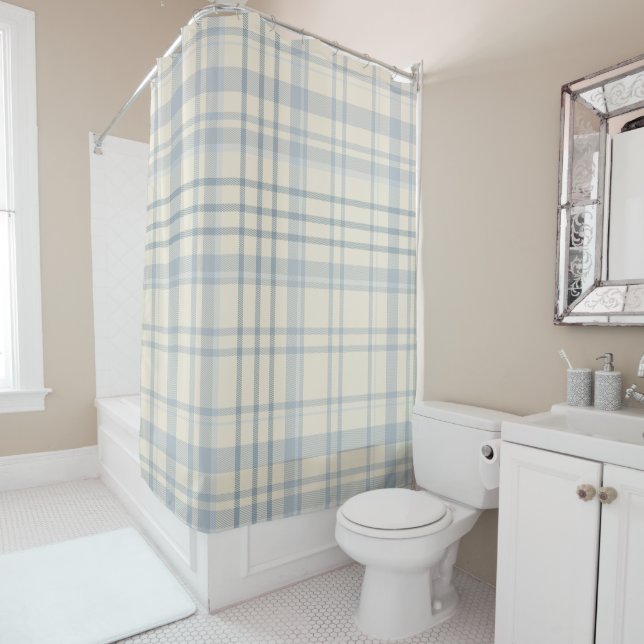Classic Soft Blue & Beige Plaid Shower Curtain (In Situ)