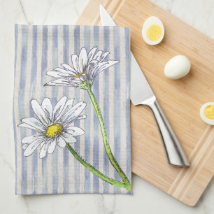 Classic Soft Blue Striped Watercolor Daisy  Tea Towel