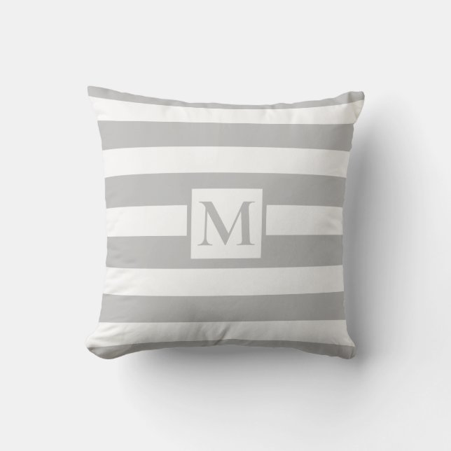 Classic soft grey white strips Monogram Cushion (Front)