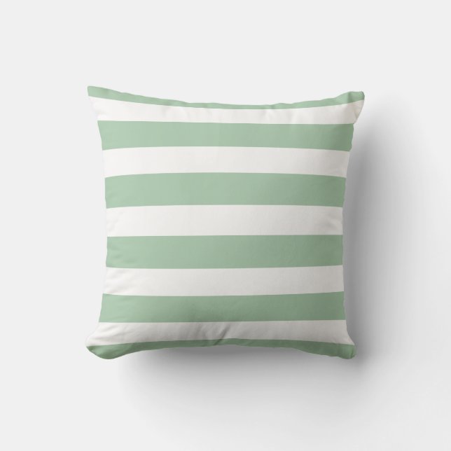Classic soft sage green white strips cushion (Front)