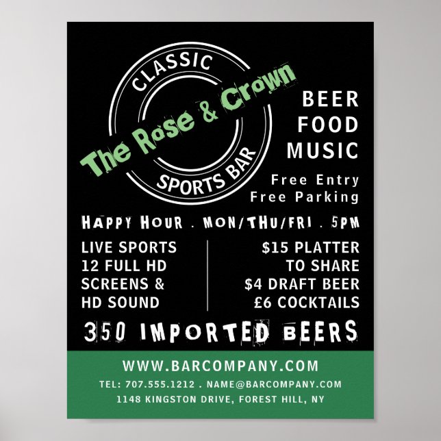 Classic Sports Bar Logo, Pub/Brewery Advertising Poster (Front)