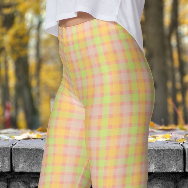 Classic Spring Green and Peach Check Pattern Leggings (Spring Green and Peach Check Pattern Leggings)