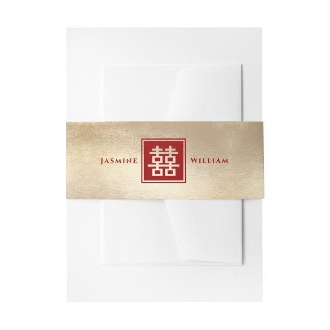 Classic Square Double Happiness Chinese Wedding Invitation Belly Band (Front Example)